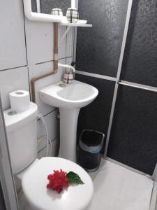 une petite salle de bain avec toilettes et lavabo dans l'établissement Residência da Cláudia, à Fernando de Noronha 41 autres photos