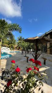 un patio con fiori rossi e una piscina di Castelo das Dunas Camping e MotorHome a Paracuru