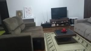 un soggiorno con 2 divani e una TV di LM HOTEL ARAÇATUBA ad Araçatuba