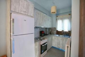 uma cozinha com electrodomésticos brancos e um frigorífico branco em Ικαριων Γη em Manganítis