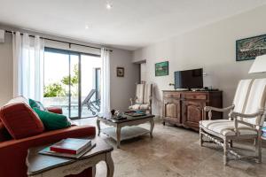 a living room with a couch and a tv at La Verdière - Contemporary house with garden and private pool in LʼIsle-sur-la-Sorgue