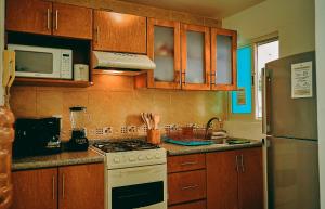 a kitchen with wooden cabinets and a stove and a microwave at Saint Martin Apartments in Guadalajara