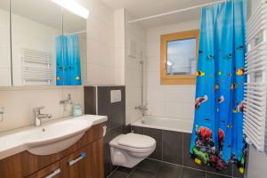 a bathroom with a toilet sink and a shower curtain at Schützenrain 1. Stock in Adelboden +4 photos