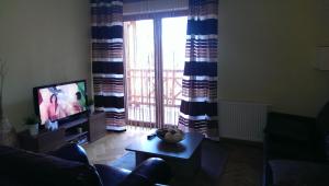 a living room with a couch and a tv and a window at Apartament Urocza in Szklarska Poręba