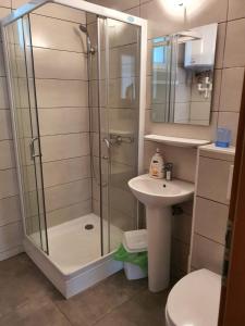 ein Bad mit einer Dusche, einem Waschbecken und einem WC in der Unterkunft Club Cristal Apartments in Neptun