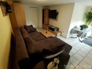 sala de estar con sofá marrón y mesa en Ferienwohnung Gersprenztal, en Reichelsheim