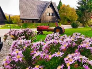 un jardin avec des fleurs violettes en face d'une maison dans l'établissement Plitvice Luxury Etno Garden, aux lacs de Plitvice