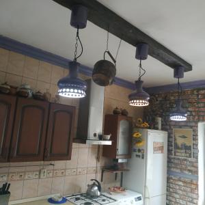 フォンタンカにあるФонтанкаの天井から数本の照明が掛かるキッチン