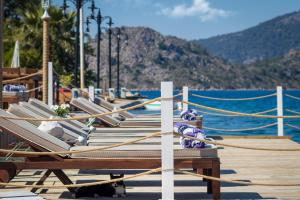 a black and white cat sitting on a dock with chairs at Losta Sahil Evi 2 in Selimiye