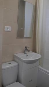 ein Badezimmer mit Toilette, Waschbecken und Spiegel in der Unterkunft Irvin Apartament in Iaşi
