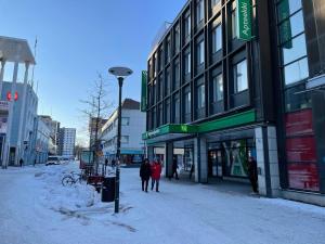 een groep mensen die door een met sneeuw bedekte straat lopen bij Omena Hotel Pori in Pori