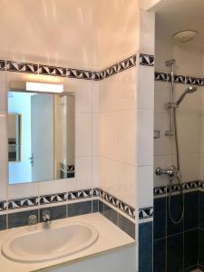 uma casa de banho com um lavatório e um espelho em Studio cabine Méga cosy Bord de mer - Terrasse em Quiberon
