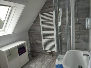 W łazience znajduje się prysznic i umywalka. w obiekcie Ferienwohnung Grunwald w mieście Oberhof