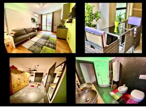 Spa Tiny Love Apartment close to Milan-Como-Malpensa في سارونّو: ملصق بأربع صور لغرفة معيشة