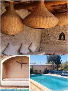 eine Collage mit Bildern eines Pools und einer Uhr in der Unterkunft Comme un hameau de charme dominant l'Océan in Essaouira