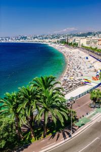 a view of a beach with palm trees and the ocean at Les Pieds dans l'Eau in Nice