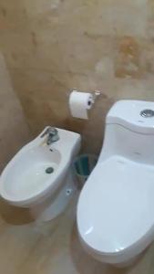 La salle de bains est pourvue de toilettes blanches et d'un lavabo. dans l'établissement Dre Broeders Apartments Juan Dolio, à Juan Dolio