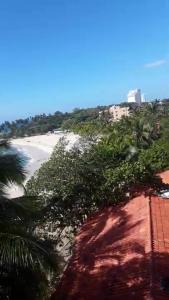 - une vue sur une plage bordée de palmiers et un bâtiment dans l'établissement Dre Broeders Apartments Juan Dolio, à Juan Dolio