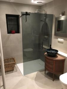a bathroom with a glass shower with a sink at B&B Den Biesthoek in Grimbergen +39 photos