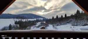 einen Blick aus einem Fenster auf einen schneebedeckten Berg in der Unterkunft Wellness Chata Horbek in Vyšné Ružbachy