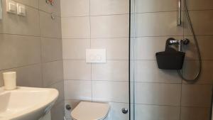 a bathroom with a shower with a toilet and a sink at Apartments ARTEMIS in Baška +25 photos
