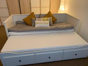 biała kanapa z poduszkami na górze w obiekcie Charming 2-Bed Apartment in Arlesheim 15 min Basel w mieście Arlesheim