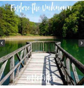 a bridge over a lake with the words explore the unknown at Charming 2-Bed Apartment in Arlesheim 15 min Basel in Arlesheim