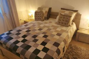 um quarto com uma cama de xadrez e 2 almofadas em Magnifique F3, 75m² avec Parking privé et Terrasse em Estrasburgo