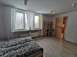 シュチルクにあるGórski Apartament w Szczyrkuのベッドルーム1室(ベッド1台、窓2つ付)