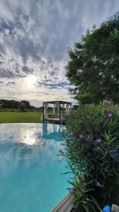 a bridge over a pool of blue water with flowers at El Vagón B&B in Lincoln