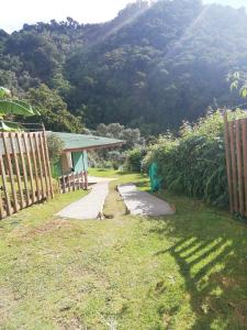 einen Weg zu einem Haus mit einem Berg im Hintergrund in der Unterkunft Casa #6 cabinas san gerardo in San José