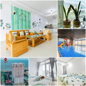 a collage of photos of a hotel room with a pool at Qvungtau-3BR Oasky- Seaview apartment Vung Tau in Vung Tau