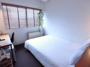 a bedroom with a bed and a desk and a window at Hotel Pacific Kanazawa in Kanazawa