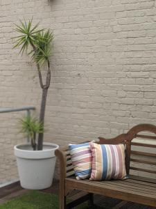 uma almofada num banco ao lado de um vaso de plantas em The Old Federal Coffee Palace em Launceston
