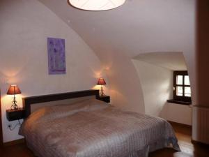 1 dormitorio con 1 cama, 2 lámparas y ventana en Gîte les Hortensias en Le Massegros