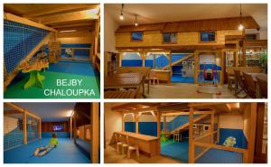 a collage of three pictures of a house with a playground at Apartmány Bejby Turnov in Turnov