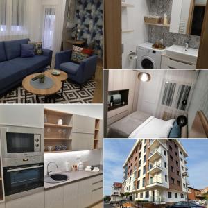 een collage van foto's van een woonkamer en een appartement bij Stefan Apartment in Bijeljina