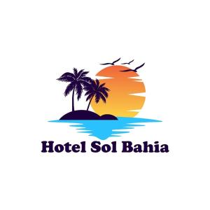 a hotel logo with palm trees on an island in the ocean at Hotel Sol Bahia in Porto Seguro