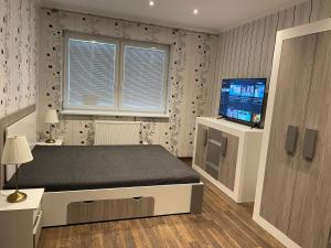 Schlafzimmer mit einem Bett und einem Flachbild-TV in der Unterkunft Apartmány Diana in Dunajská Streda