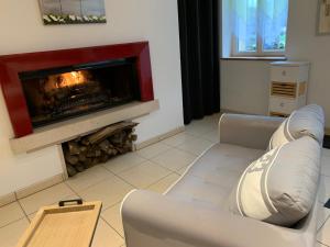 uma sala de estar com um sofá e uma lareira em Gîte Des Hautes Falaises em Senneville-sur-Fécamp