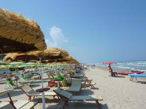 ein paar Stühle und Sonnenschirme am Strand in der Unterkunft Ippocampo Silvi Vacanza in Silvi Marina