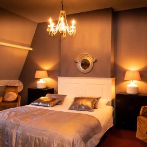 sypialnia z łóżkiem i żyrandolem w obiekcie City Apartments Gorinchem w mieście Gorinchem