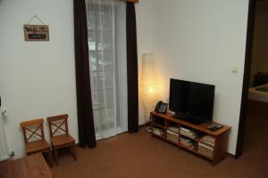 un soggiorno con TV e tavolo con sedie di Apartmán U Lišek a Janov nad Nisou