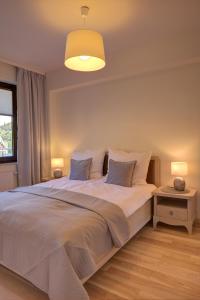 een slaapkamer met een groot wit bed en een lamp bij Apartamenty KORAL in Krynica Zdrój