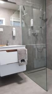 een badkamer met een douche en een glazen deur bij Apartament przy Onkologii in Bydgoszcz