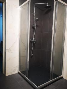 y baño con ducha y puerta de cristal. en Modern Central Apartament, en Câmpulung Moldovenesc