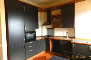 eine Küche mit schwarzen Schränken, einer Spüle und einer Mikrowelle in der Unterkunft Alzano Panorama in Alzano Lombardo