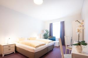 1 dormitorio con cama, escritorio y silla en Hotel Landhaus Adler, en Frutigen