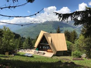 a house with a view of a mountain at le chalet pointu de capucine in Bourg-Saint-Maurice