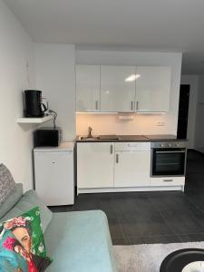 a living room with a kitchen with white cabinets at Ferienwohnung mit Waldblick in Leimen